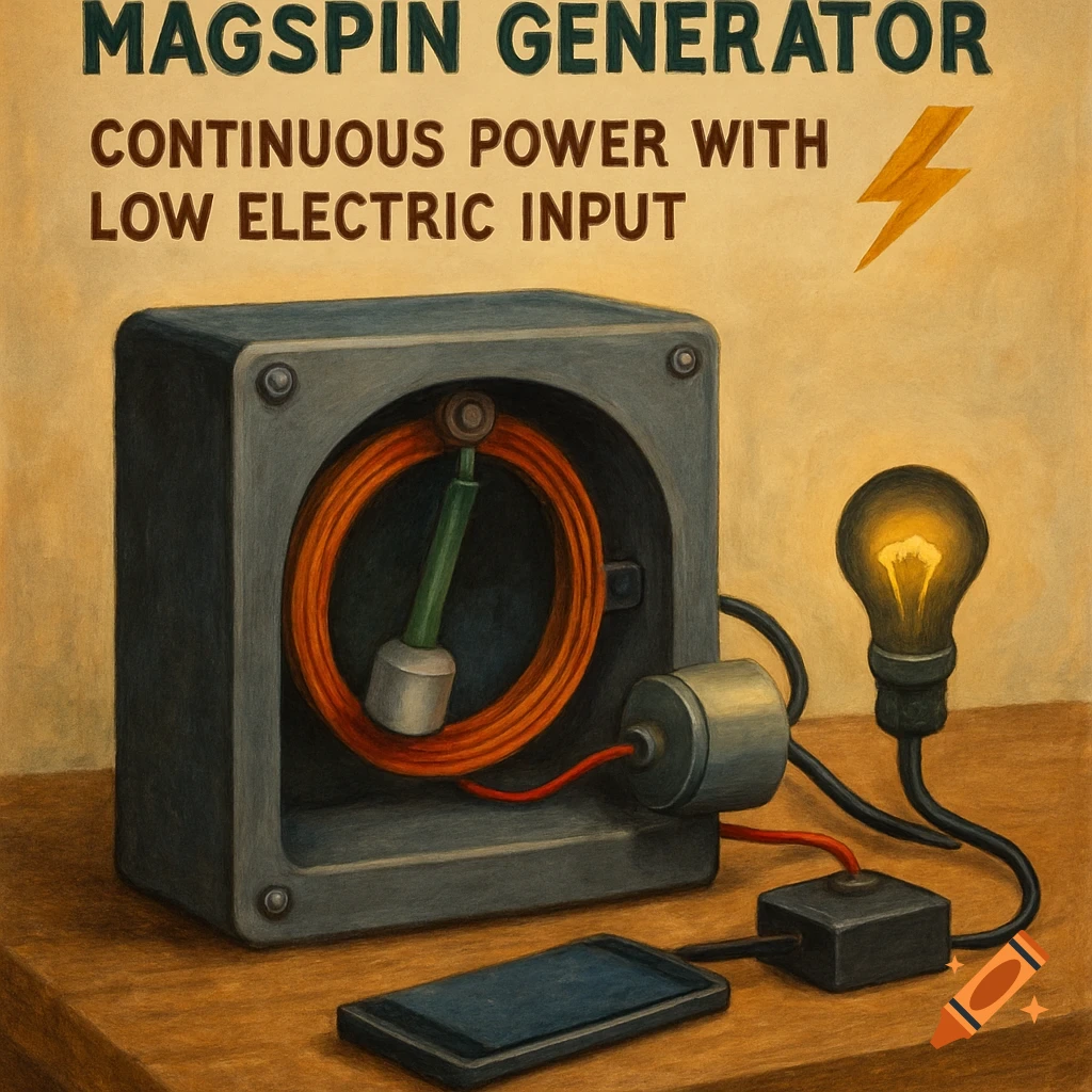 An illustration of a MagSpin Generator powering a lightbulb and smartphone, with text 'MAGSPIN GENERATOR CONTINUOUS POWER WITH LOW ELECTRIC INPUT' and a lightning bolt.