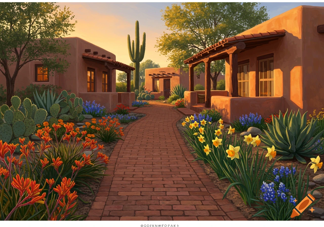 A vibrant desert landscape with adobe-style houses, a winding brick pathway, and colorful blooming cacti, daffodils, and other southwest plants under a warm sky.