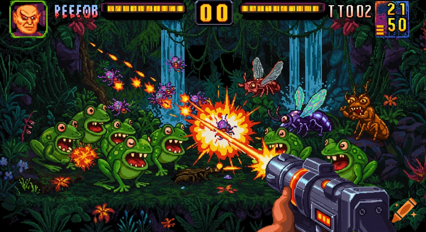 A pixel art arcade game screenshot showing a first-person view of a hand holding a futuristic gun, shooting at a swarm of attacking bugs and frogs in a lush, dark jungle environment.