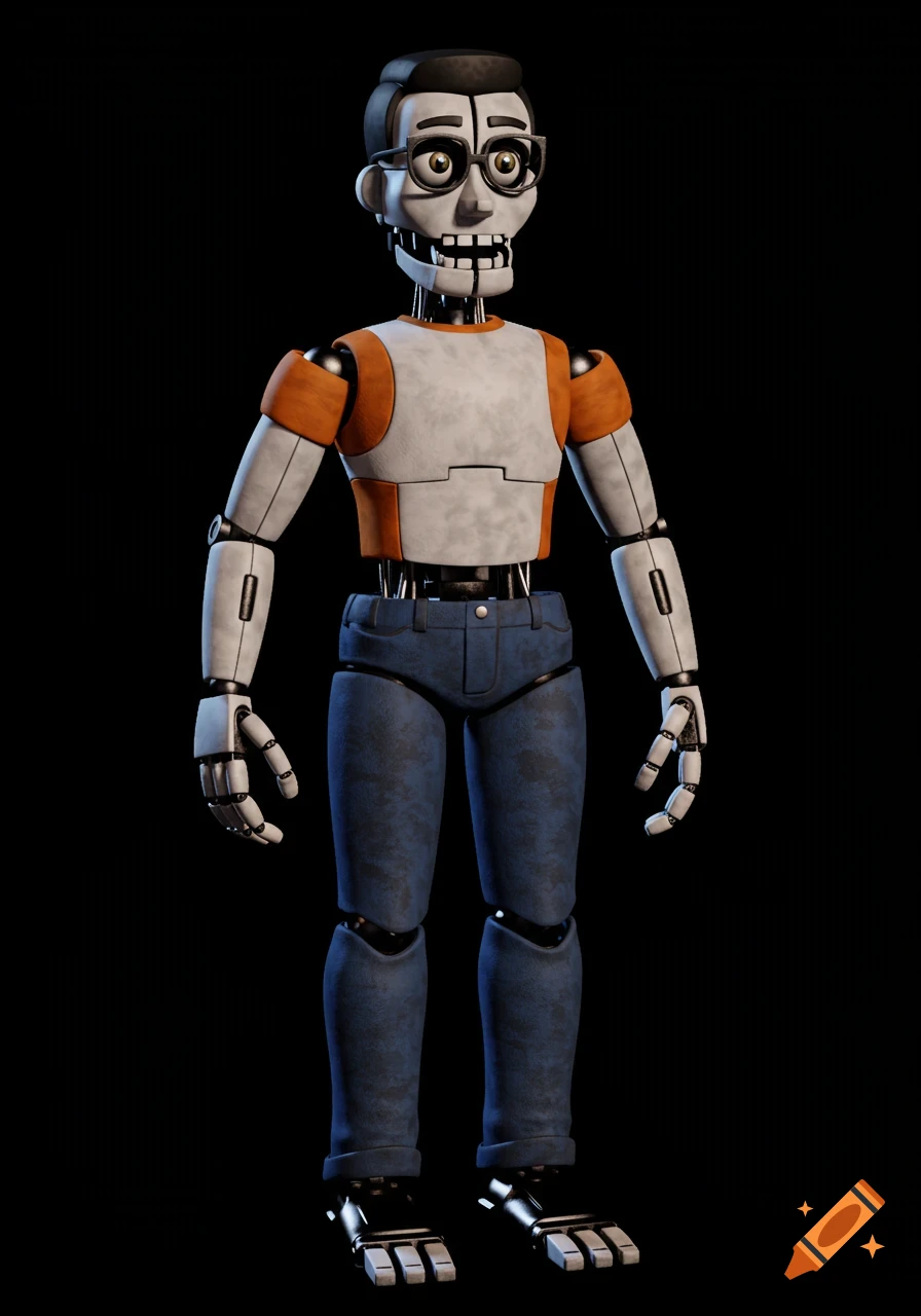 A 3D rendered humanoid animatronic with a skeletal face, glasses, dark hair, wearing a white t-shirt with orange sleeves and blue jeans, standing on a black background.