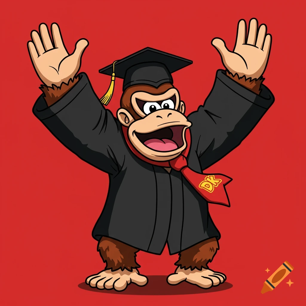 Donkey Kong in a black graduation cap and robe with a red tie, hands raised in cheer on a red background. Cartoon style.