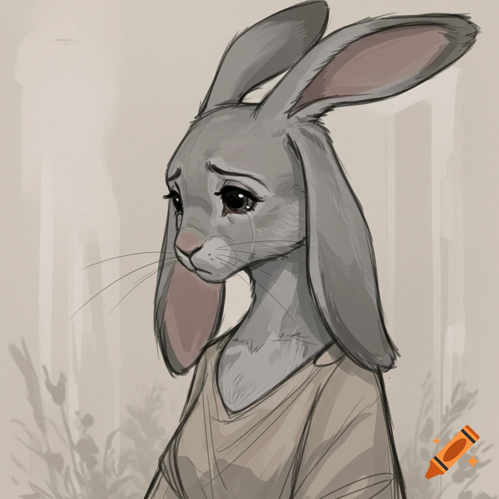 A sketch of a sad anthropomorphic bunny crying, depicted in shades of gray and brown.
