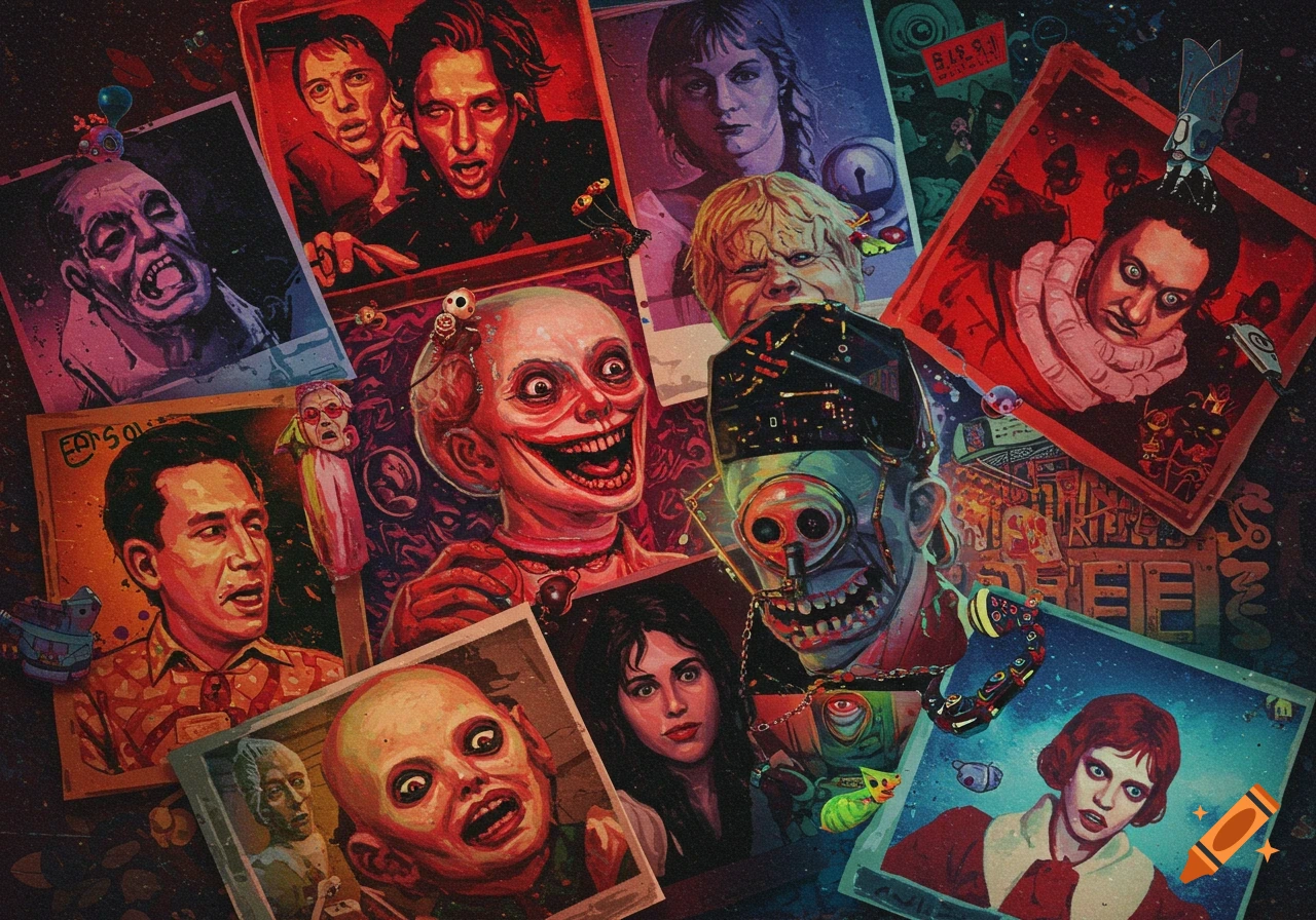 A collage of distorted and grotesque portraits with a horror aesthetic.