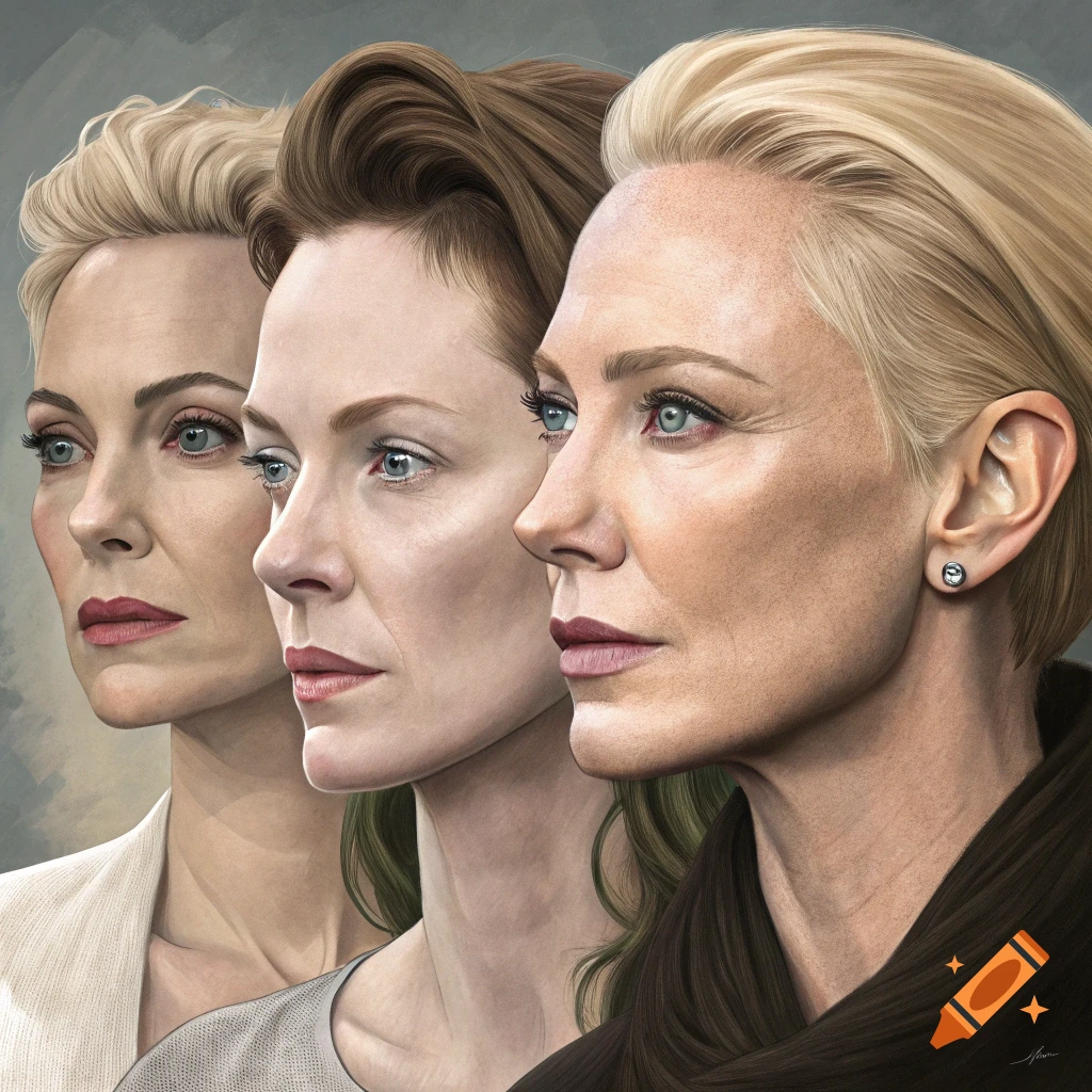 Three female profiles, seemingly blended, looking left; one blonde, one brown-haired, one blonde with an earring.