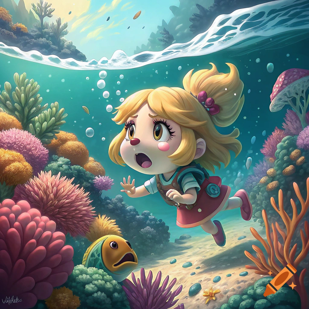 Isabelle from Animal Crossing looks surprised while swimming underwater among colorful coral and a scared fish in a cartoon style.
