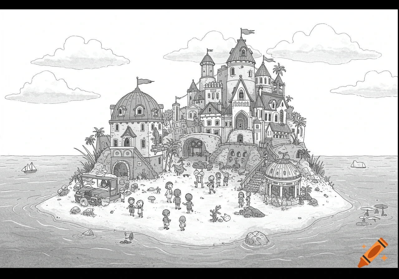 Black and white illustration of a fantastical island town featuring a large castle, dome buildings, and small cartoon people.