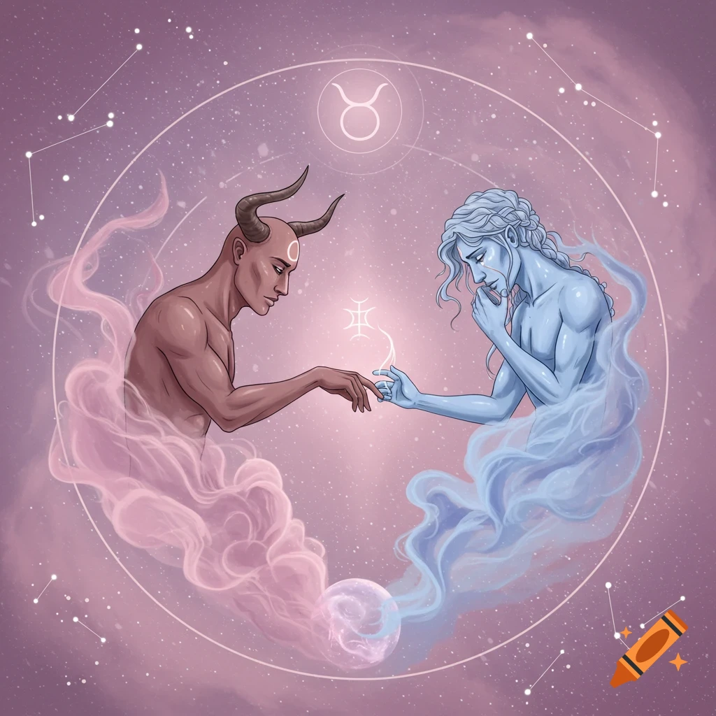 A symbolic digital painting of two celestial beings, one horned and brown, the other blue and ethereal, reaching out to touch hands amidst swirling mist in a cosmic setting with a sigil between them.