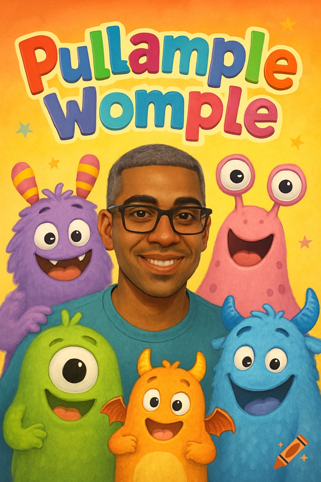 A smiling man with glasses and a buzz cut stands among five colorful, friendly cartoon monsters with large eyes, against a bright yellow and orange background with stars. Above them, the words "Pullample Womple" are in large, colorful letters.