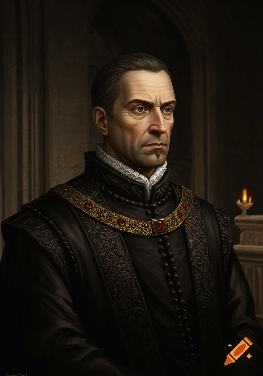 A serious man in Renaissance-era attire with a goatee and richly ...
