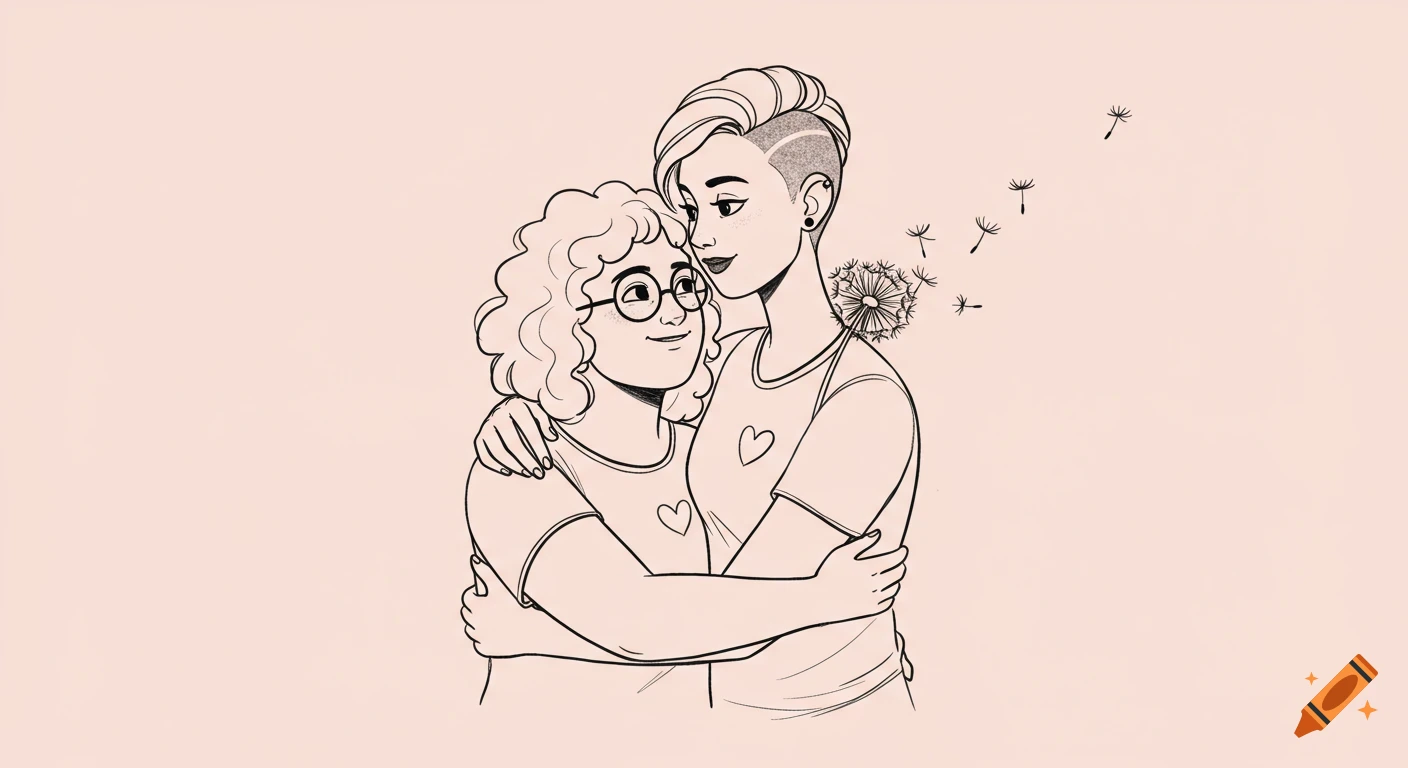 Line art illustration of two women hugging, one with curly hair and glasses, the other with an undercut, with dandelion seeds floating.