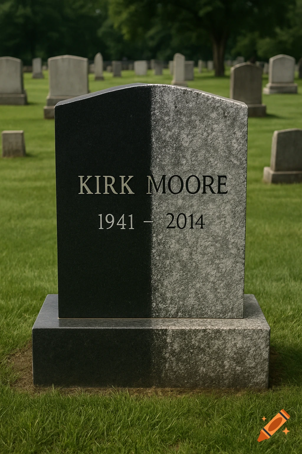 A hyperrealistic photo of a black headstone in a cemetery, half clean and shiny, half covered in lime scale, with 'KIRK MOORE 1941 - 2014' engraved.