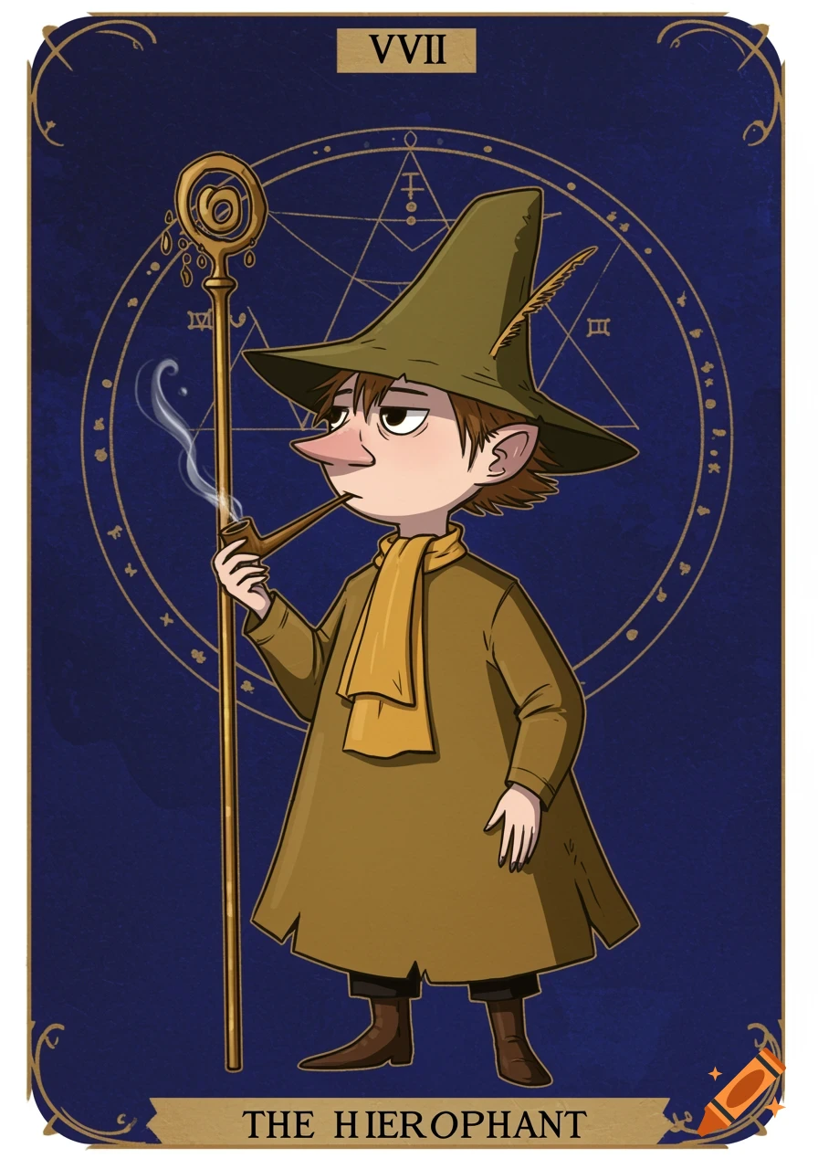 An illustration of Snufkin from Moomin as a tarot card, The Hierophant. He wears a green hat and a brown coat, holding a golden staff and smoking a pipe. The card has a dark blue background with gold mystical symbols and a gold border.