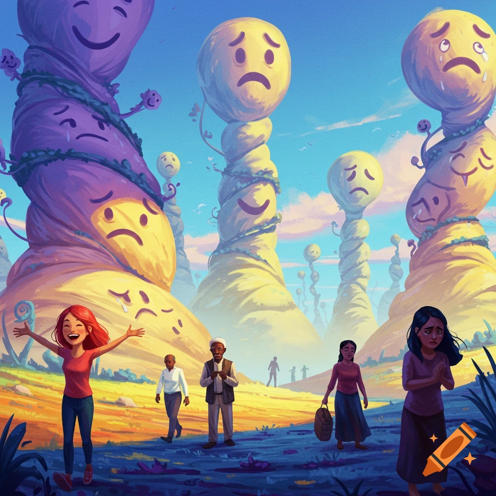 A stylized illustration of people in a fantastical landscape with twisted towers featuring happy, sad, and crying emoji faces.