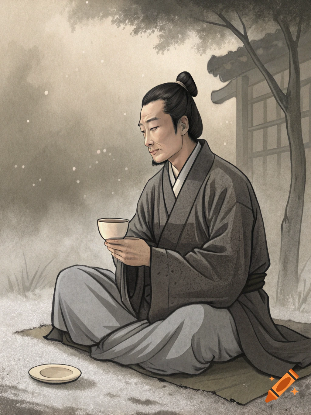 An Asian man in traditional robes sits on the ground holding a teacup in a muted, illustrated style.