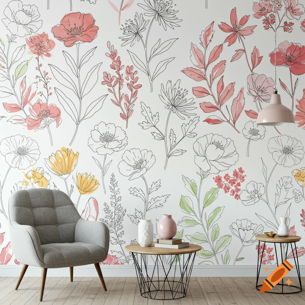 A minimalist room with a grey armchair, wooden side tables, and a white wall featuring a black line art botanical mural with pink and yellow flowers.