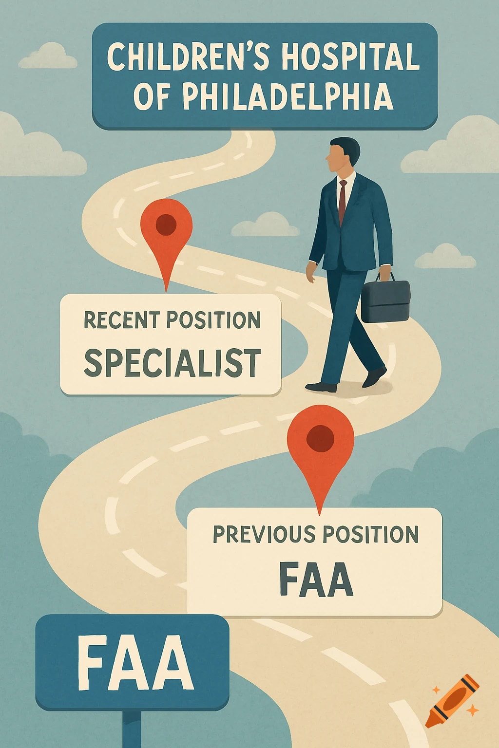 A stylized illustration showing a man walking a career path with pins for Children's Hospital of Philadelphia, Specialist, and FAA.
