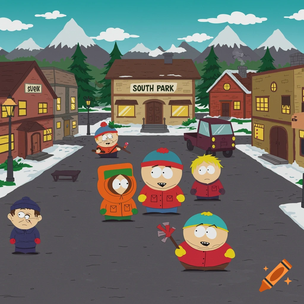 South Park characters Stan, Kyle, Cartman, Kenny, and others stand on a snowy street in front of buildings, one labeled 'SOUTH PARK'.