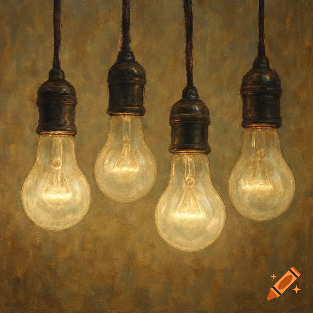 Four illuminated vintage light bulbs with visible filaments hang against a warm, painterly brown background.
