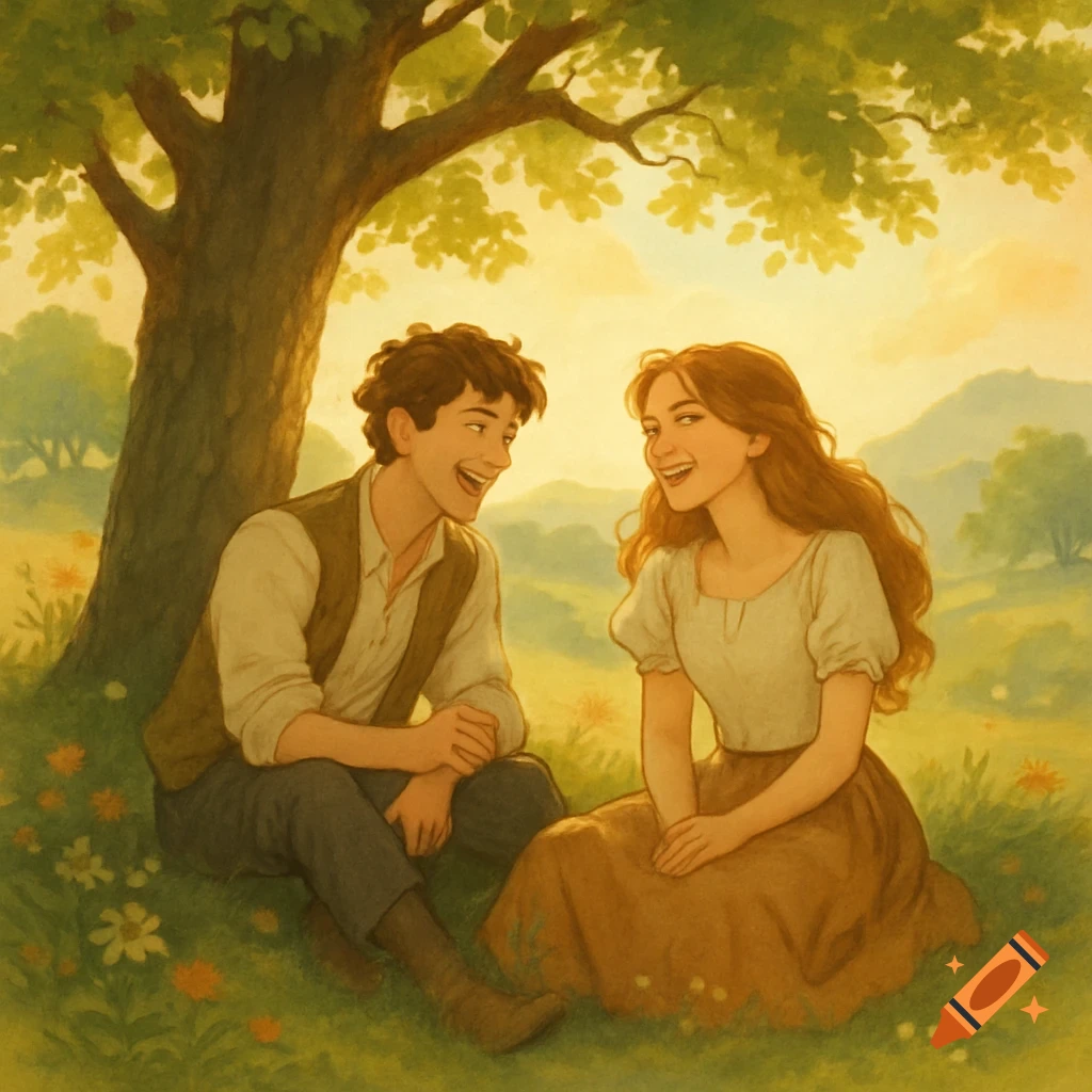 A storybook illustration of a boy and girl laughing and talking under a tree in a sunny, natural landscape with flowers.