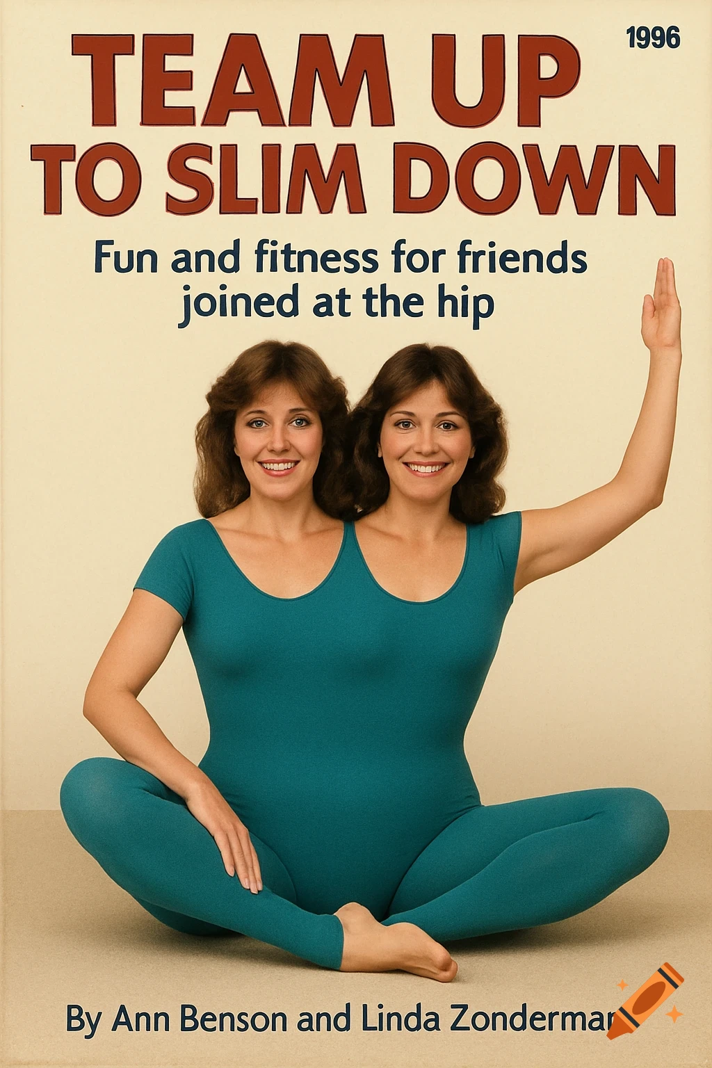 A vintage book cover for 'Team Up to Slim Down' shows two women merged at the torso in a blue leotard, sitting cross-legged.