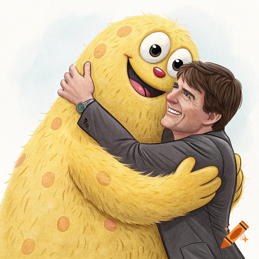 Tom Cruise smiling and hugging a large, furry yellow monster with polka dots in a colorful illustration.