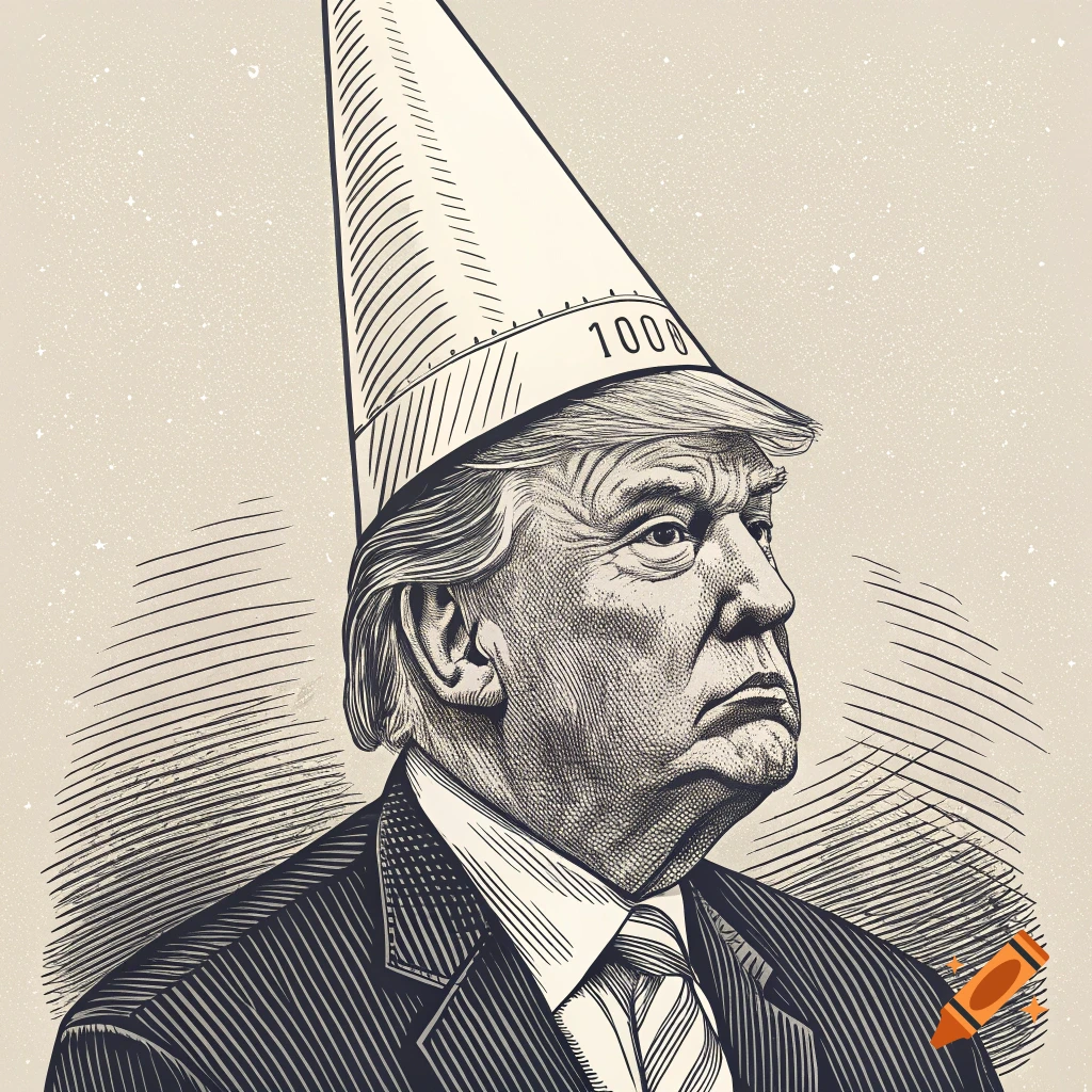 Woodcut print of Donald Trump wearing a dunce cap with the number 1000 on it.