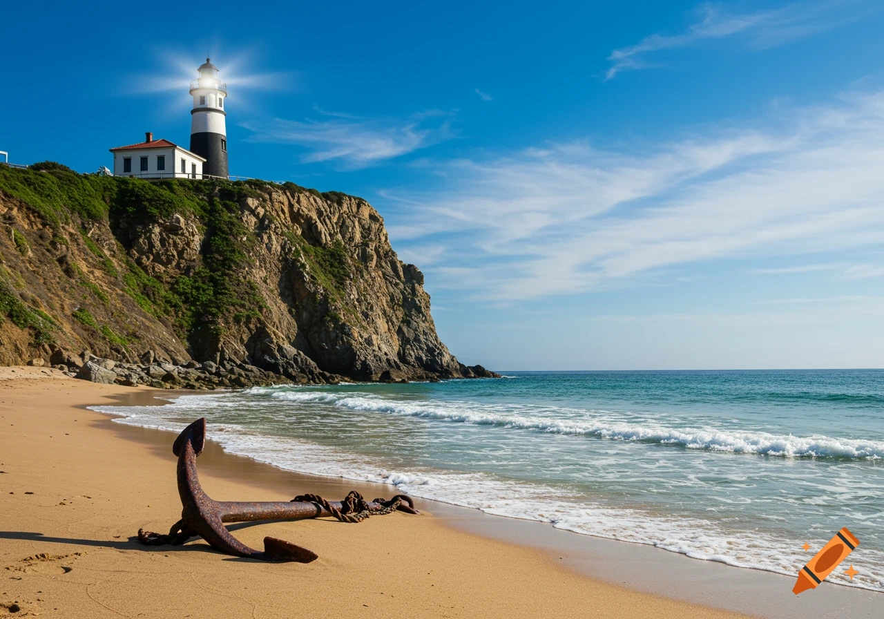 A photorealistic image of a lighthouse on a cliff overlooking a sandy beach with an anchor in the foreground and a calm sea under a bright blue sky.