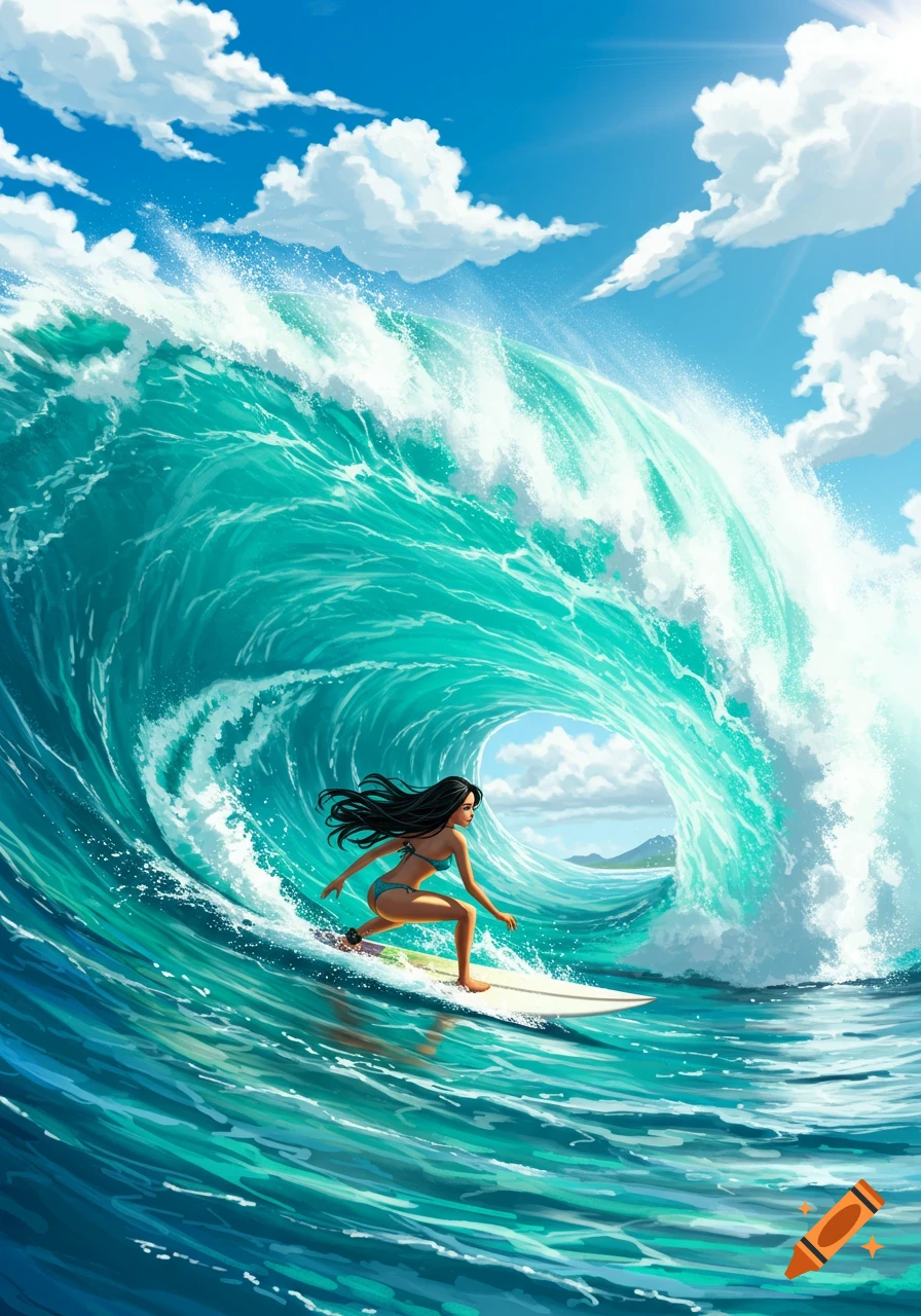 A girl with long dark hair surfs a massive turquoise wave under a sunny blue sky.
