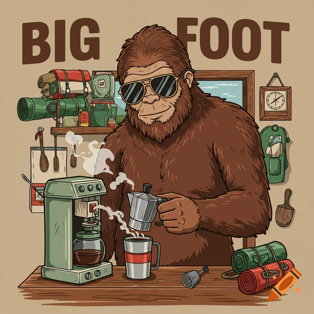 A cartoon Bigfoot wearing sunglasses makes coffee in a kitchen setting with camping gear.