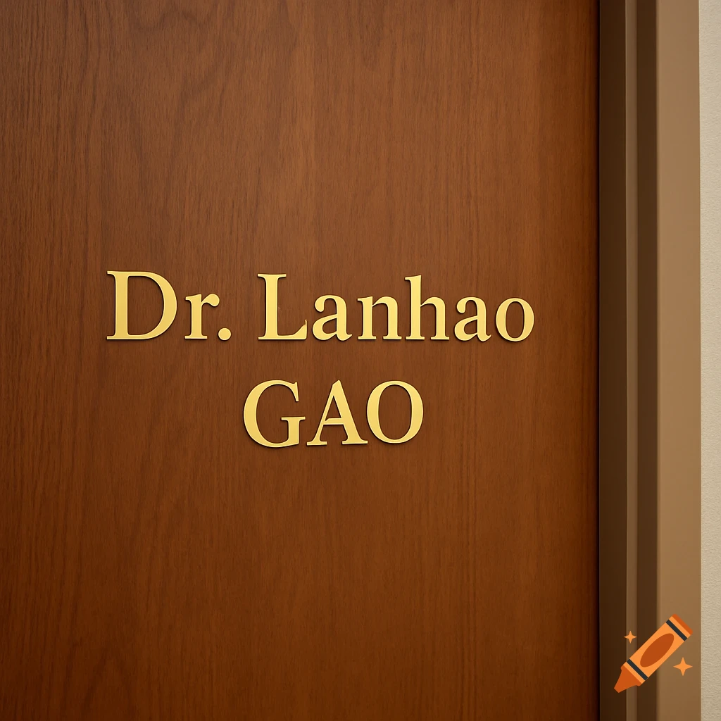 A wooden door with golden letters spelling "Dr. Lanhao GAO" on it, indicating an office.