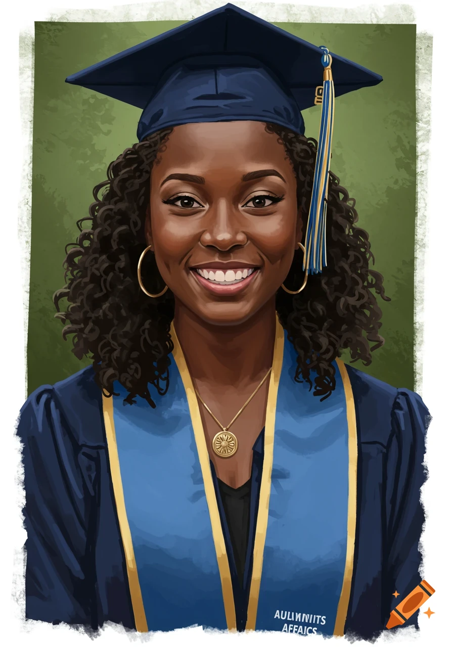 A smiling Black woman in a blue graduation cap and gown with a gold medallion, depicted in an illustrative style.