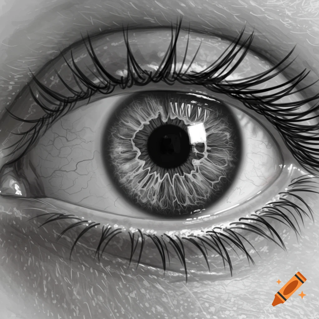 A detailed black and white close-up of a human eye with a skull pattern visible in the iris.