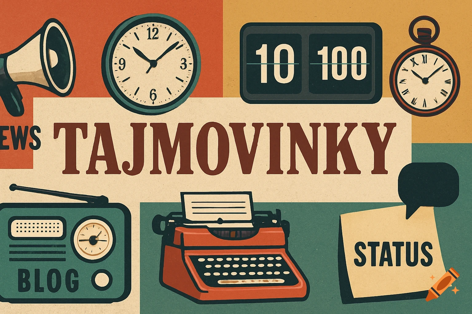 A retro-style illustrative banner with a megaphone, clocks, radio, typewriter, and sticky note with text 'NEWS', 'TAJMOVINKY', 'BLOG', 'STATUS'.