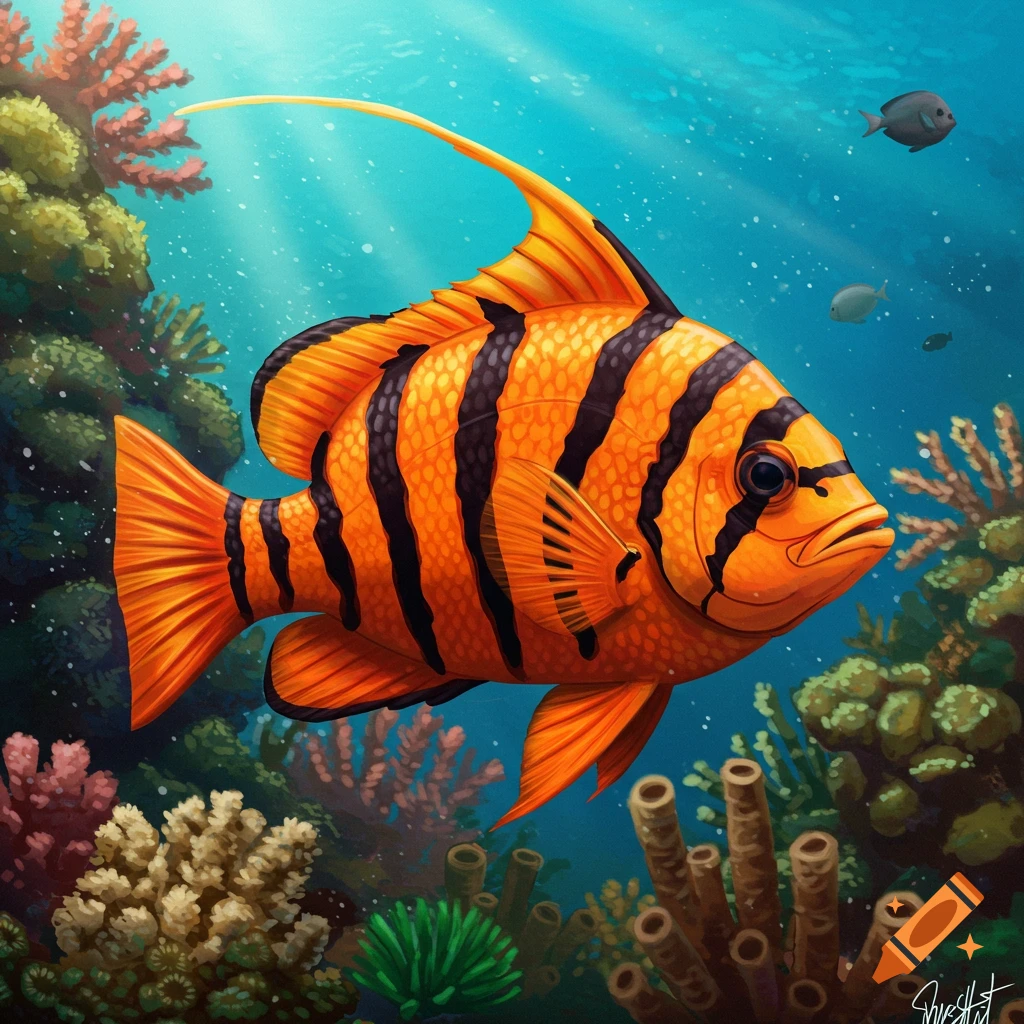 An orange and black striped fish swims past colorful coral in clear blue water with sun rays, in an illustration.