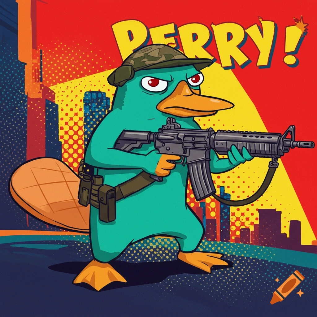 Perry the Platypus in a military helmet holding an assault rifle, in a pop art style with a colorful city background.