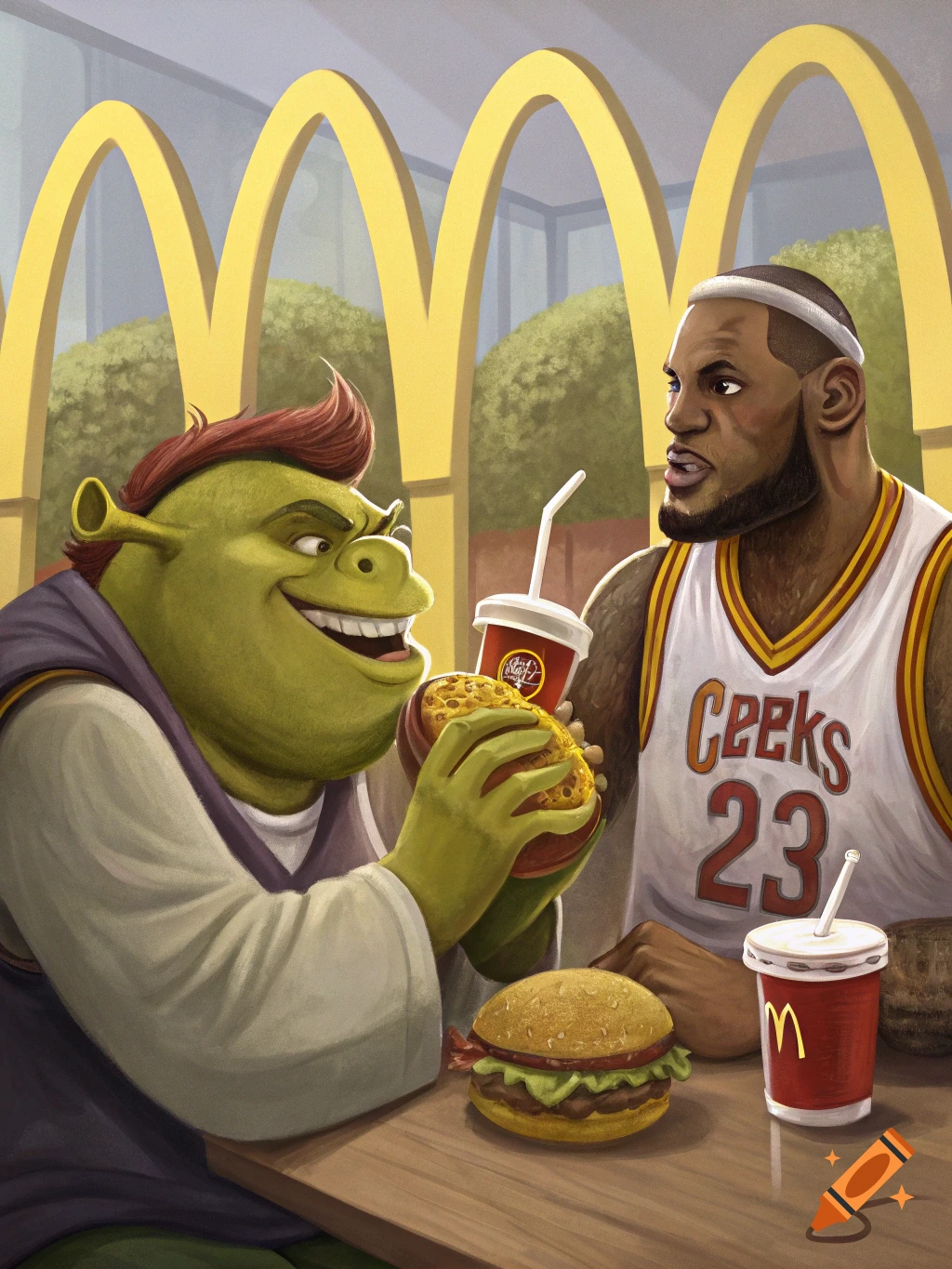 Shrek and LeBron James sit at a table inside a McDonald's restaurant, eating burgers and drinking soda. Shrek holds a burger with a big smile while LeBron looks on.