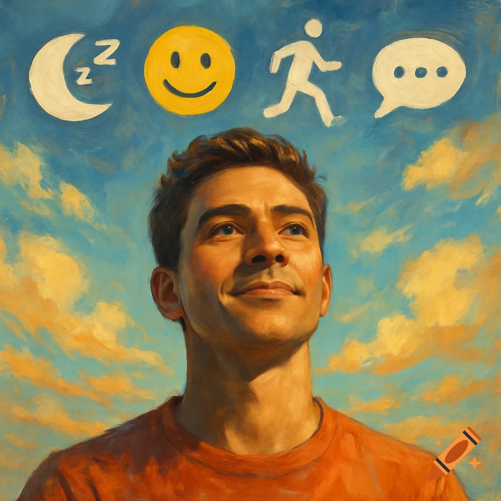 A man with a hopeful expression looks up at a cloudy sky, with icons for sleep, mood, exercise, and social interaction floating above his head in a painted style.