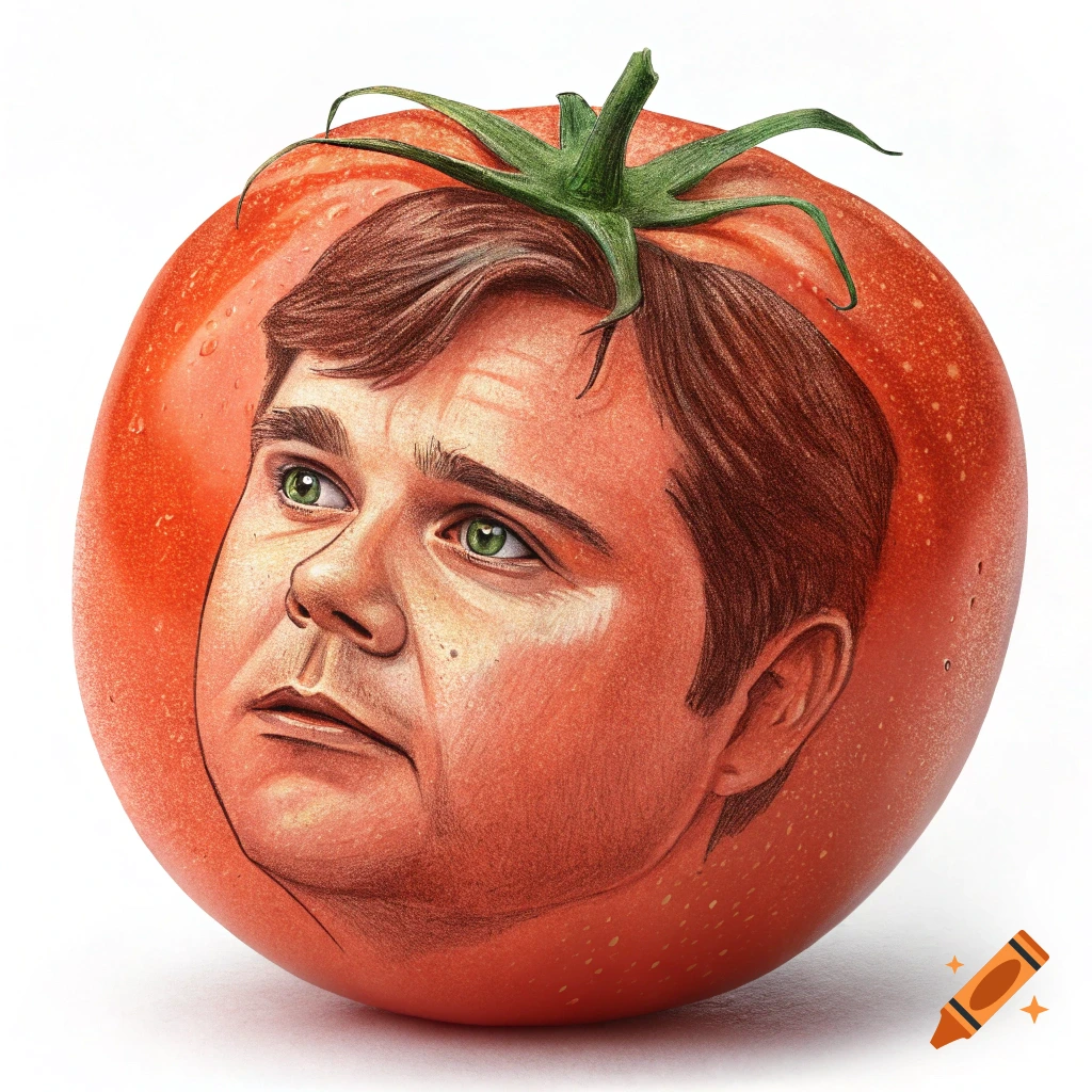A detailed illustration of a man's face drawn onto a ripe red tomato, with green eyes and brown hair, against a white background.
