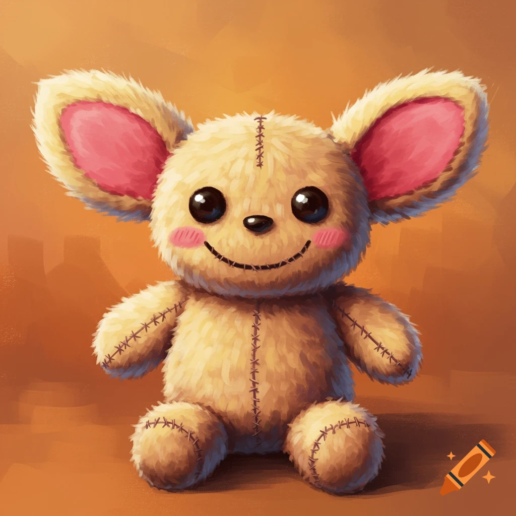 A fluffy, light brown, stuffed animal with large pink ears, round black eyes, and a stitched smile, sitting against an orange background.