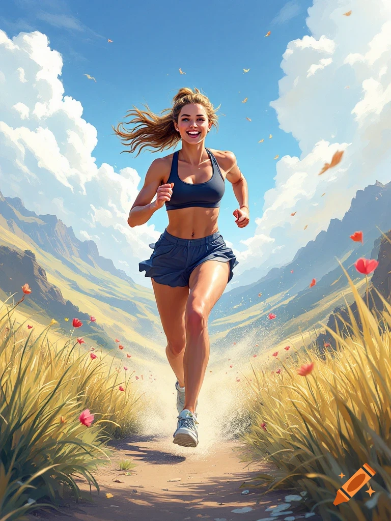 A smiling woman with blonde hair runs on a dirt path through a vibrant, mountainous landscape under a clear blue sky.