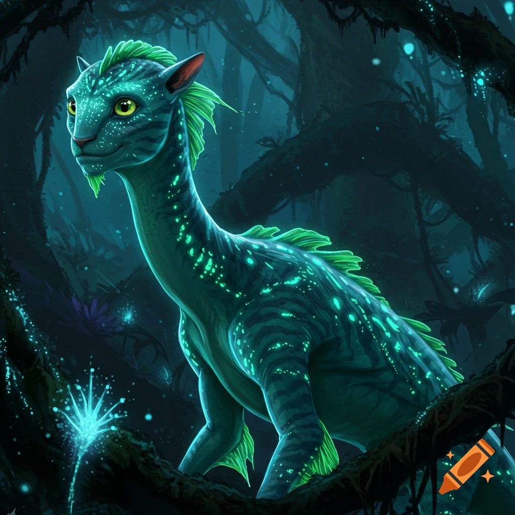 A teal and green alien creature with glowing spots and a long neck stands in a bioluminescent jungle.