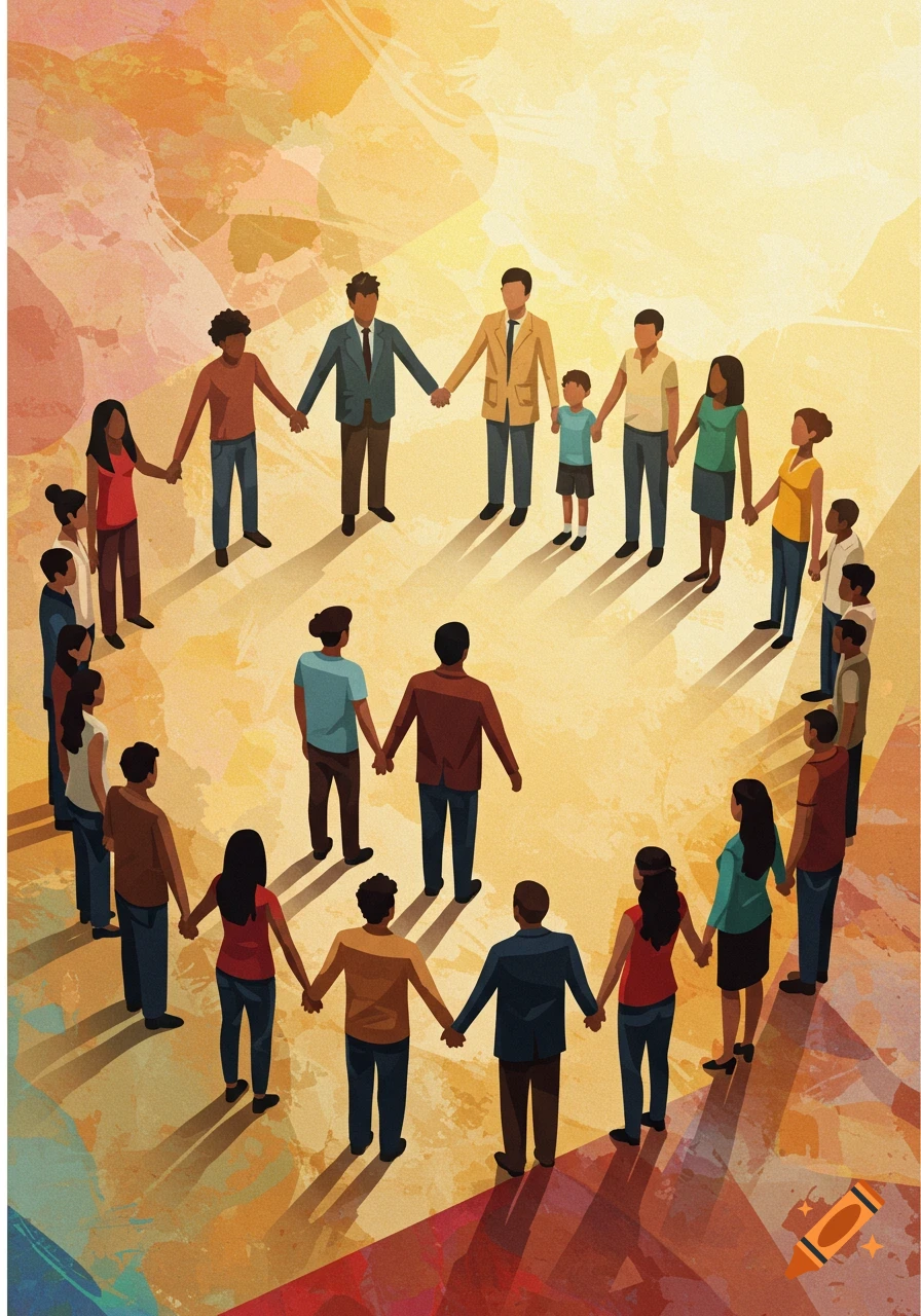 Diverse people holding hands in a circle on a warm, abstract background, symbolizing unity.