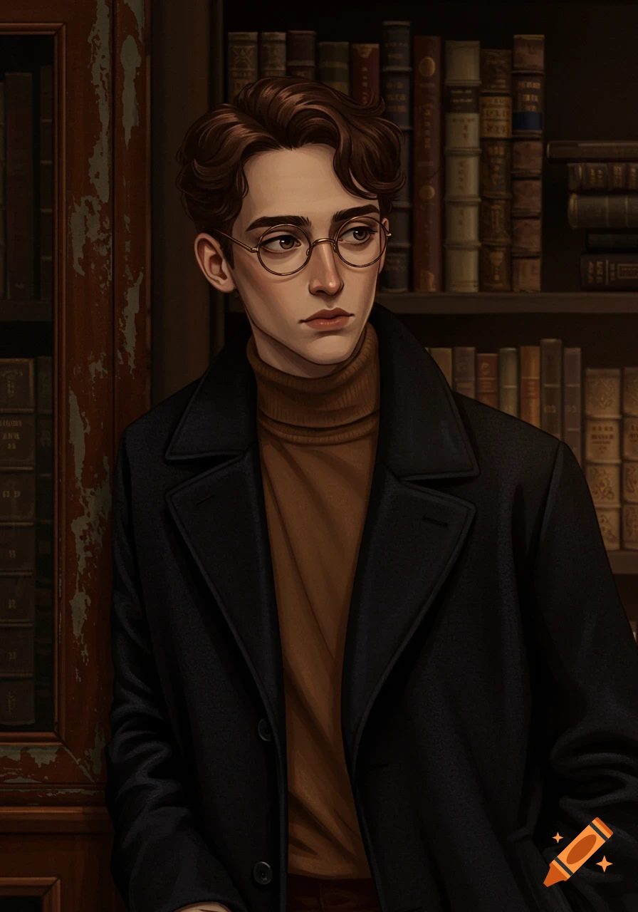 An illustrated portrait of a young man with brown curly hair and round glasses, wearing a black coat and brown turtleneck, standing in front of bookshelves.