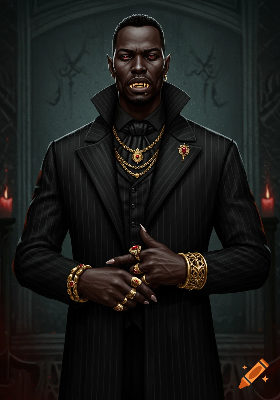 A Black vampire in a black pinstripe suit, with gold fangs, red eyes, and extravagant gold and ruby jewelry. Detailed digital art.