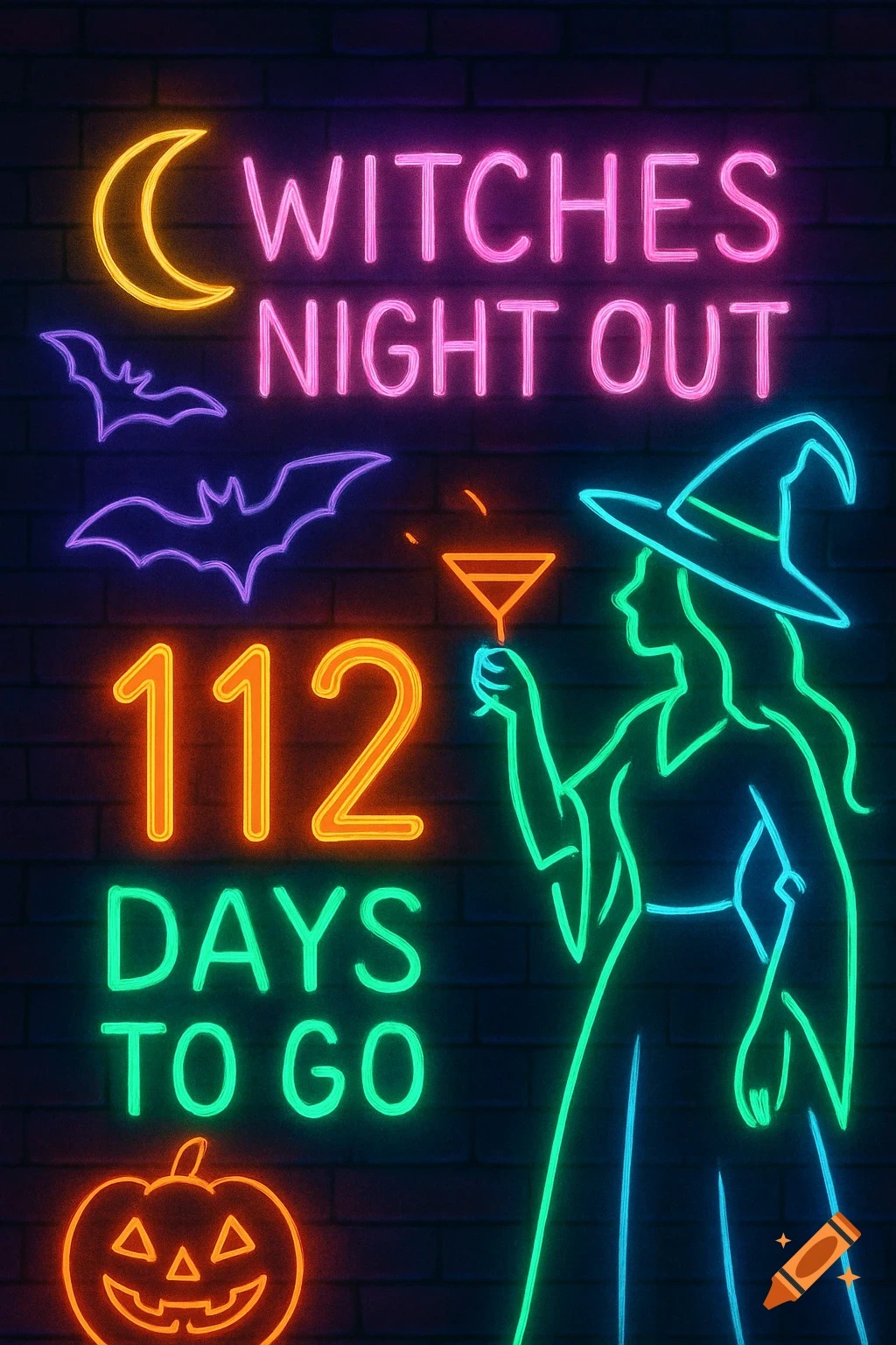 Vibrant neon sign on a brick wall, featuring 'WITCHES NIGHT OUT' and '112 DAYS TO GO' text, with a witch, moon, bats, and a pumpkin. Halloween theme.