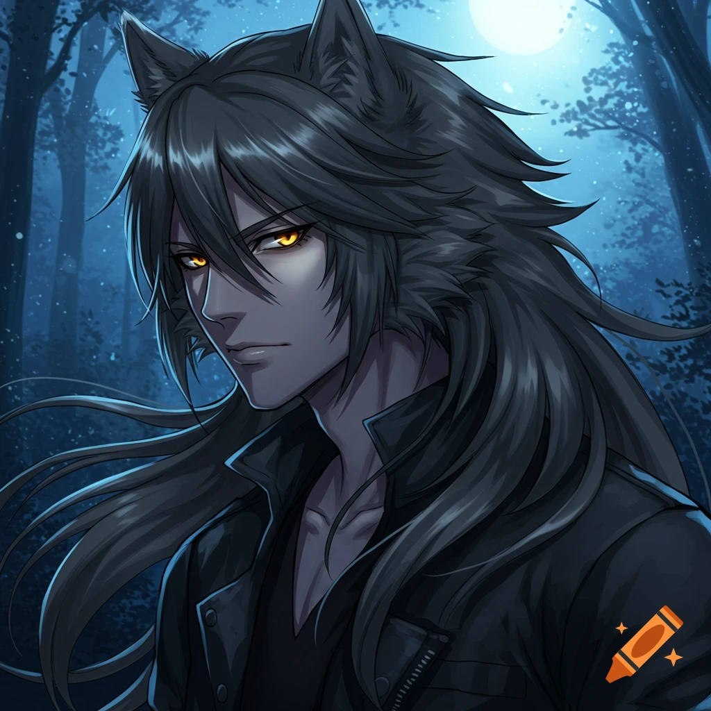 An anime-style werewolf character with long dark hair and glowing golden eyes stands in a dark forest under a full moon.