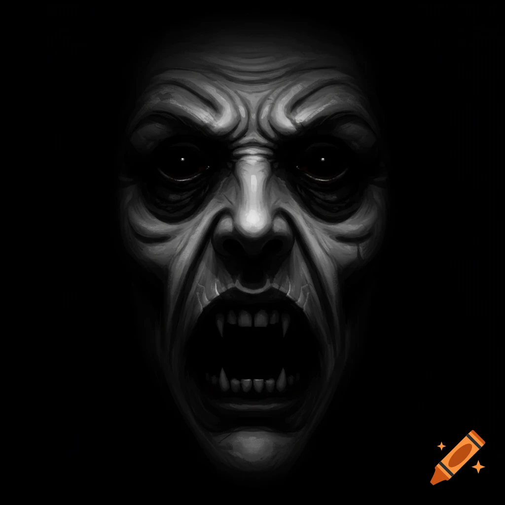 A scary, black and white close-up of a monstrous face with fangs, roaring from the darkness.