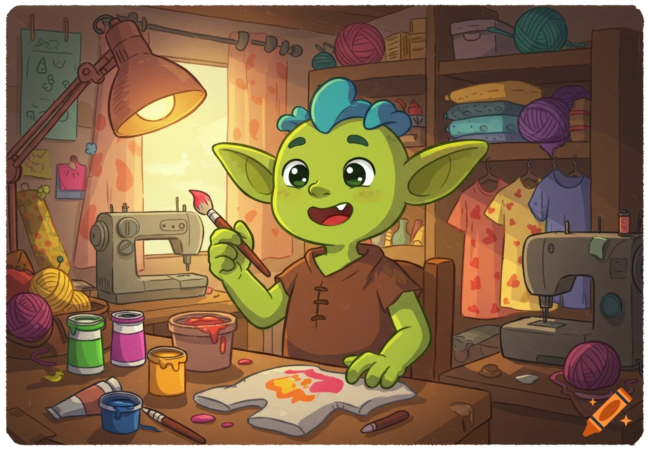 A friendly, green cartoon goblin enthusiastically paints a white shirt at a desk in a cluttered craft room with sewing machines and yarn.