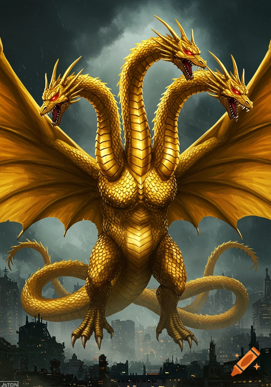 A massive, golden three-headed dragon (Ghidorah) with large wings hovers over a dark, stormy city.