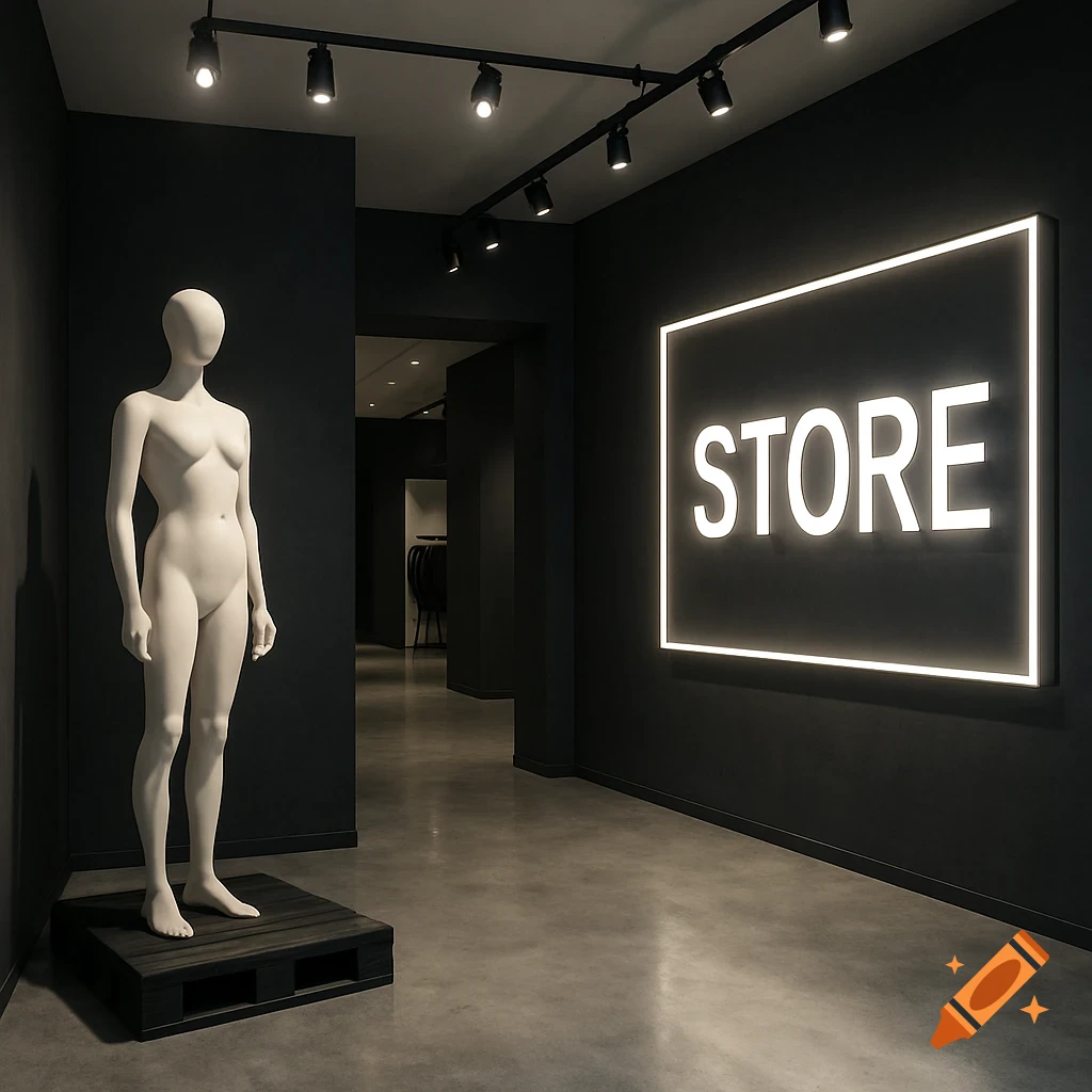 A minimalist mannequin on a pallet in a modern industrial retail store entrance with a backlit 'STORE' sign.